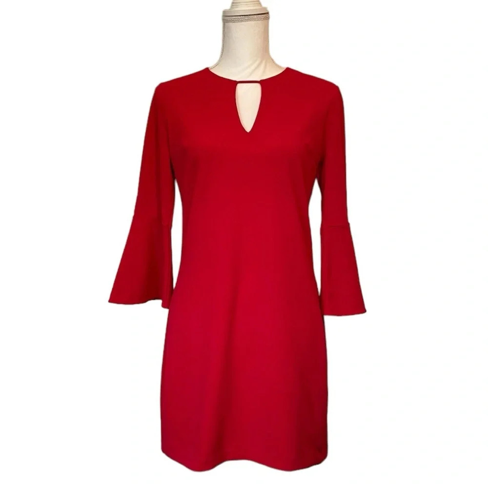 Express Keyhole Bell 3/4 Sleeve Solid Red Above Knee Women’s Small Dress